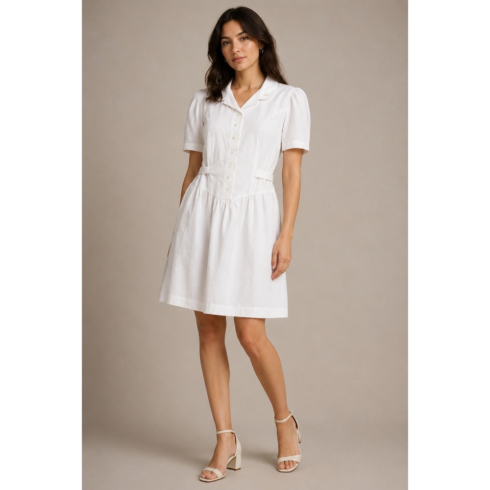 Crest Vintage Button Front Dress Cottagecore Coquette Retro White Cotton L/XL
